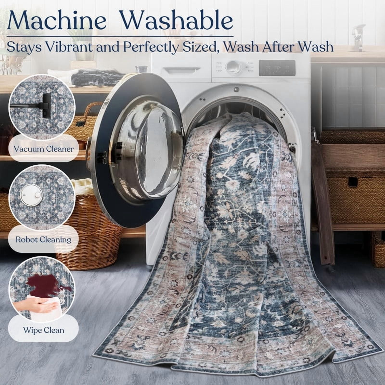 Delara 8'x10' Machine Washable Area Rug, Soft & Durable, Non-Slip, Stain Resistant, Midnight Garden, for Bedroom, Living & Dining Room
