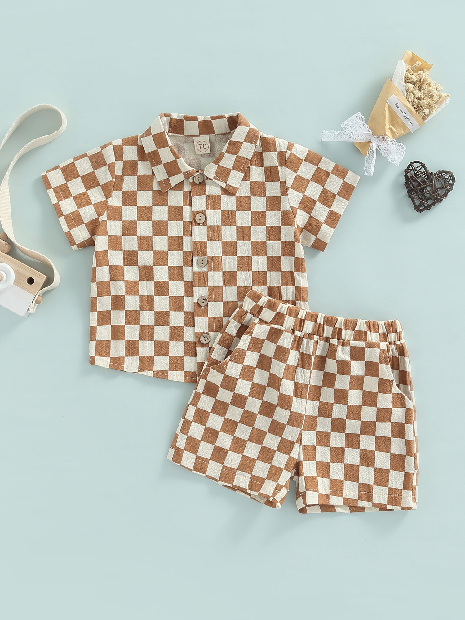 Toddler Baby Boys Checkerboard Plaid Print Short Sleeve Button Down Shirts  and Shorts Set Summer Outfits 0-24 Months 