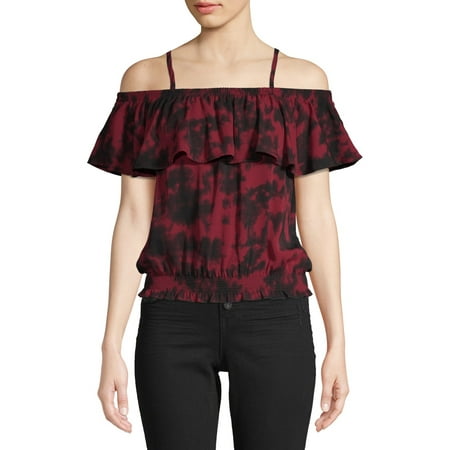 - No Boundaries Juniors' Smocked Lace Trim Cold Shoulder Blouse