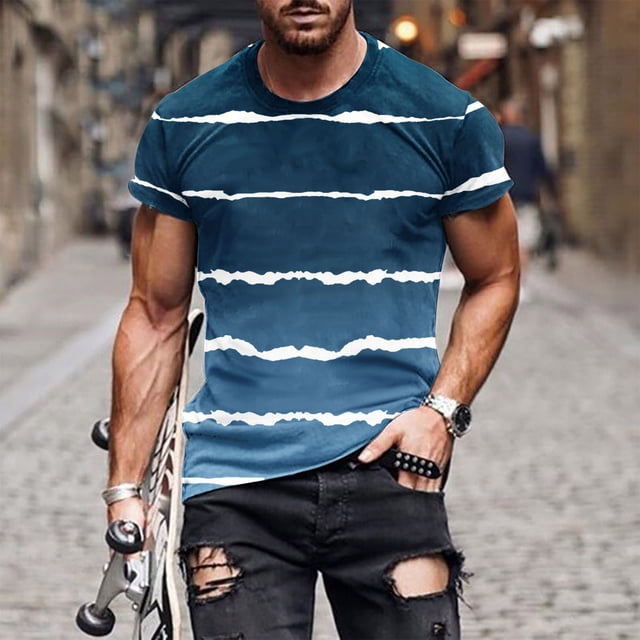 Qertyioot Liquidation T-Shirt à Manches Courtes pour Hommes, Col Rond, Rayures Imprimées, Chandail de Sport Entraînement Physique