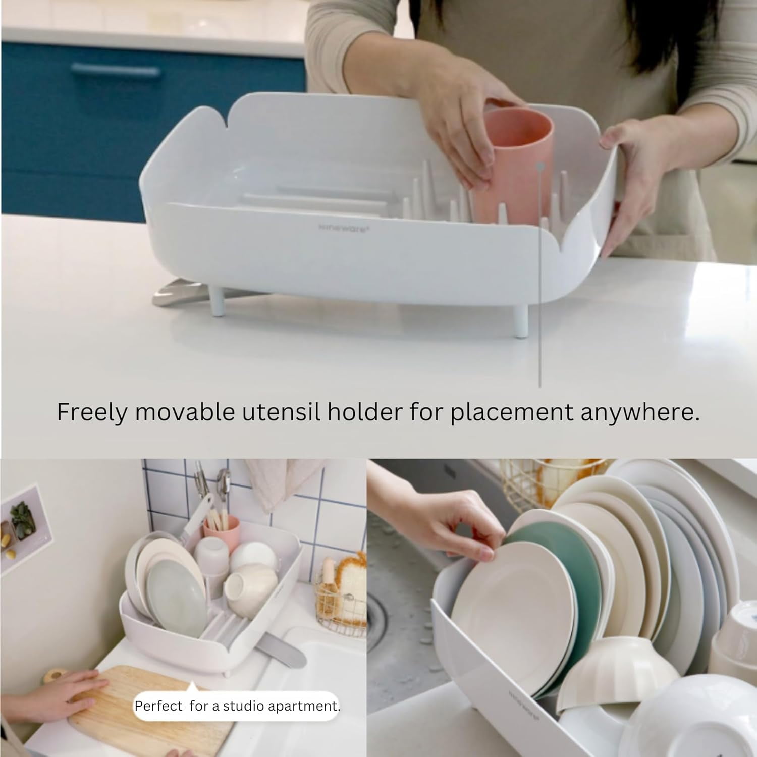 Nineware Sleek Dish Drying Rack with Spoon Holder, Compact Dish Drainer, Stylish Countertop Organizer with Drainage Spout for Small Kitchens & Apartments, Made in Korea (Cream White)