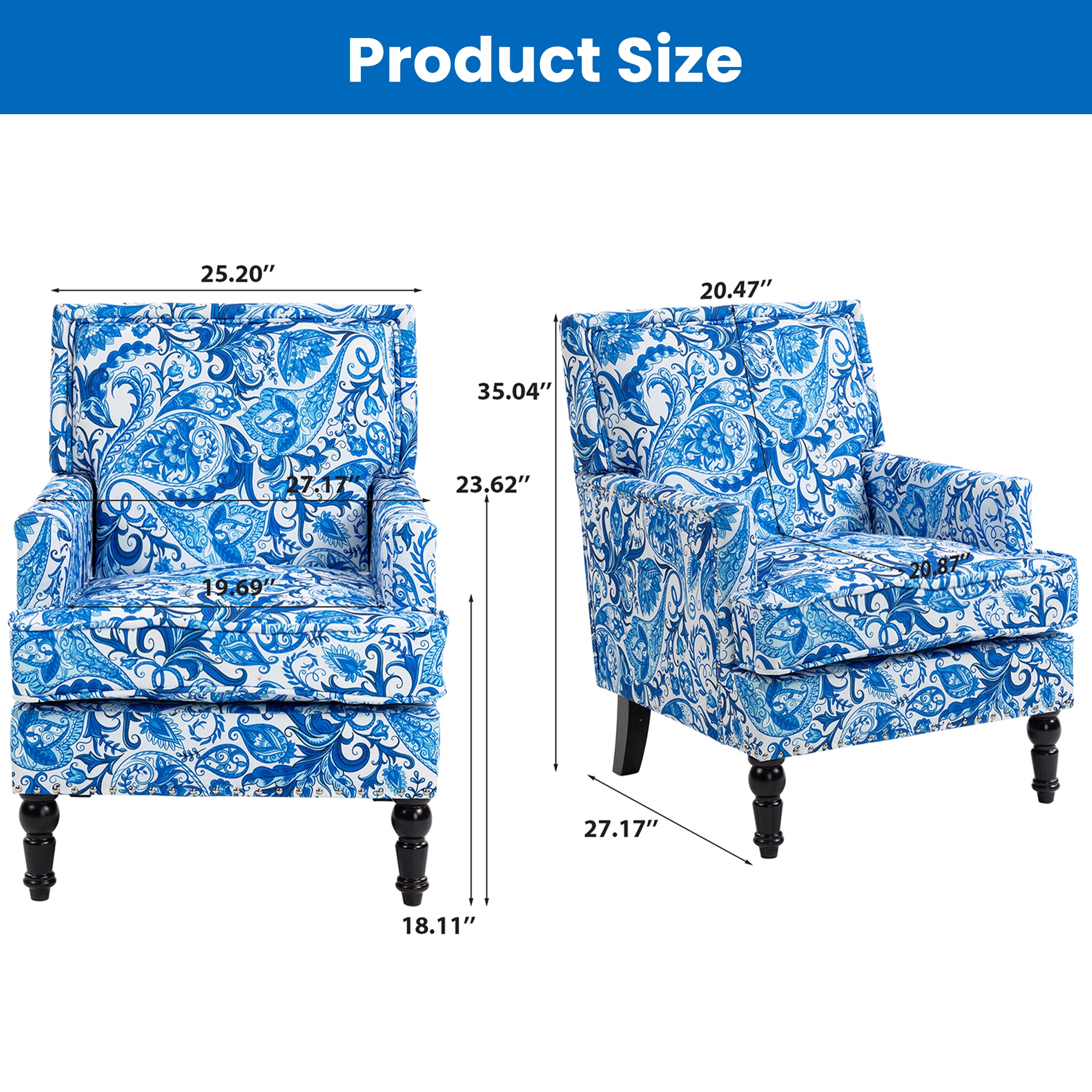 LEGAHOME Vintage Accent Chair, Upholstered Armchair with Nailhead Trim, Linen Fabric Arm Chair Comfort Reading Chair Lounge Chair for Living Room Bedroom Sunroom, Blue(1PC)