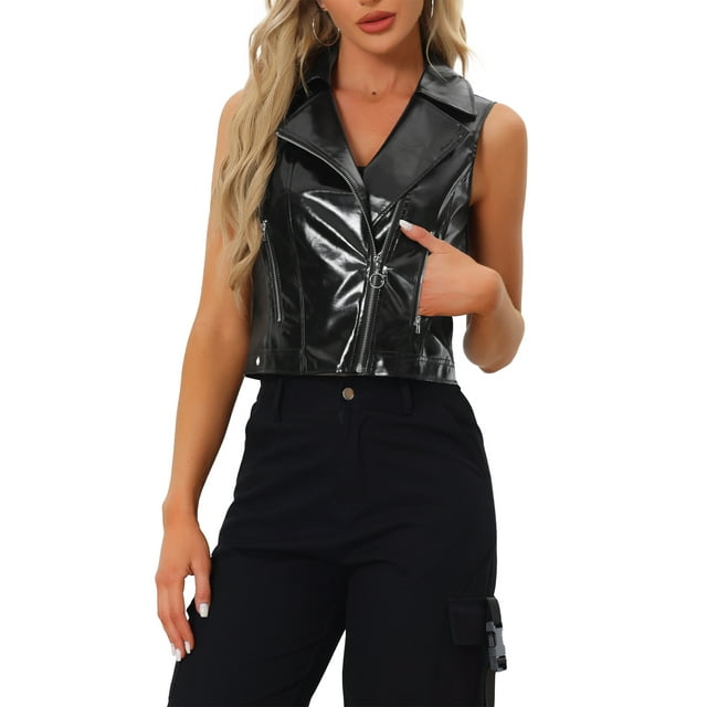 INSPIRE CHIC Chaleco Corto Sin Mangas de Cuero Sintético Metálico con Solapa para Mujeres M Negro