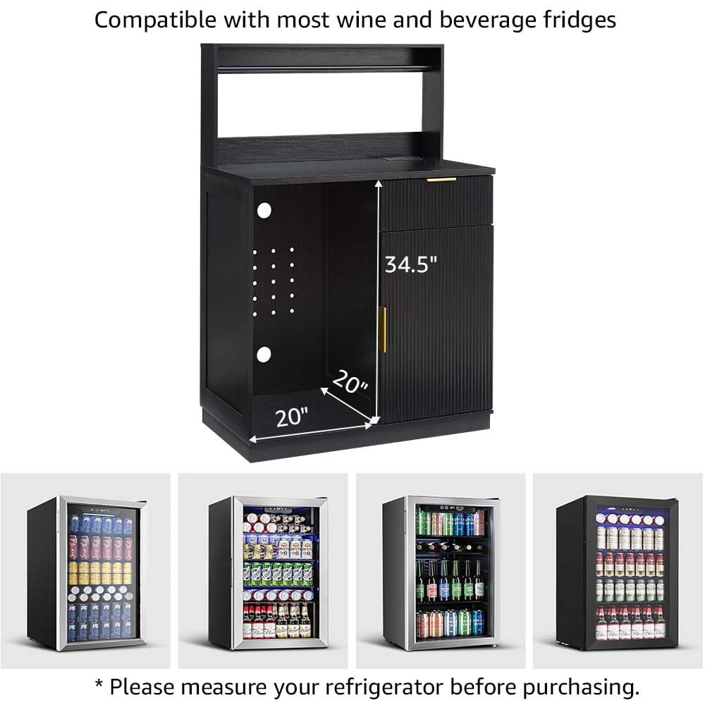 Rosary Blenn Coffee Bar Cabinet with Mini Fridge Space and Power Outlet, 39" Matte Black Wood Grain Finish Kitchen Cabinet with Drawer