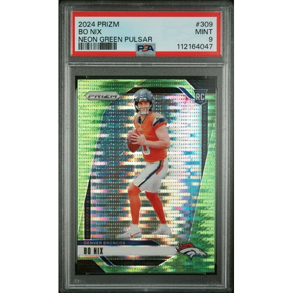 Graded 2024 Panini Prizm Neon Green Pulsar Bo Nix #309 Rookie RC Football Card PSA 9 Mint