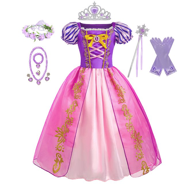 Disney Girls Princess Rapunzel Dress Toddler Kids Summer The Tangled Halloween Cospaly Disfraz Niño Peluca Trenza Cumpleaños Part5-6T (Etiqueta 130) Gao Jinjia LED