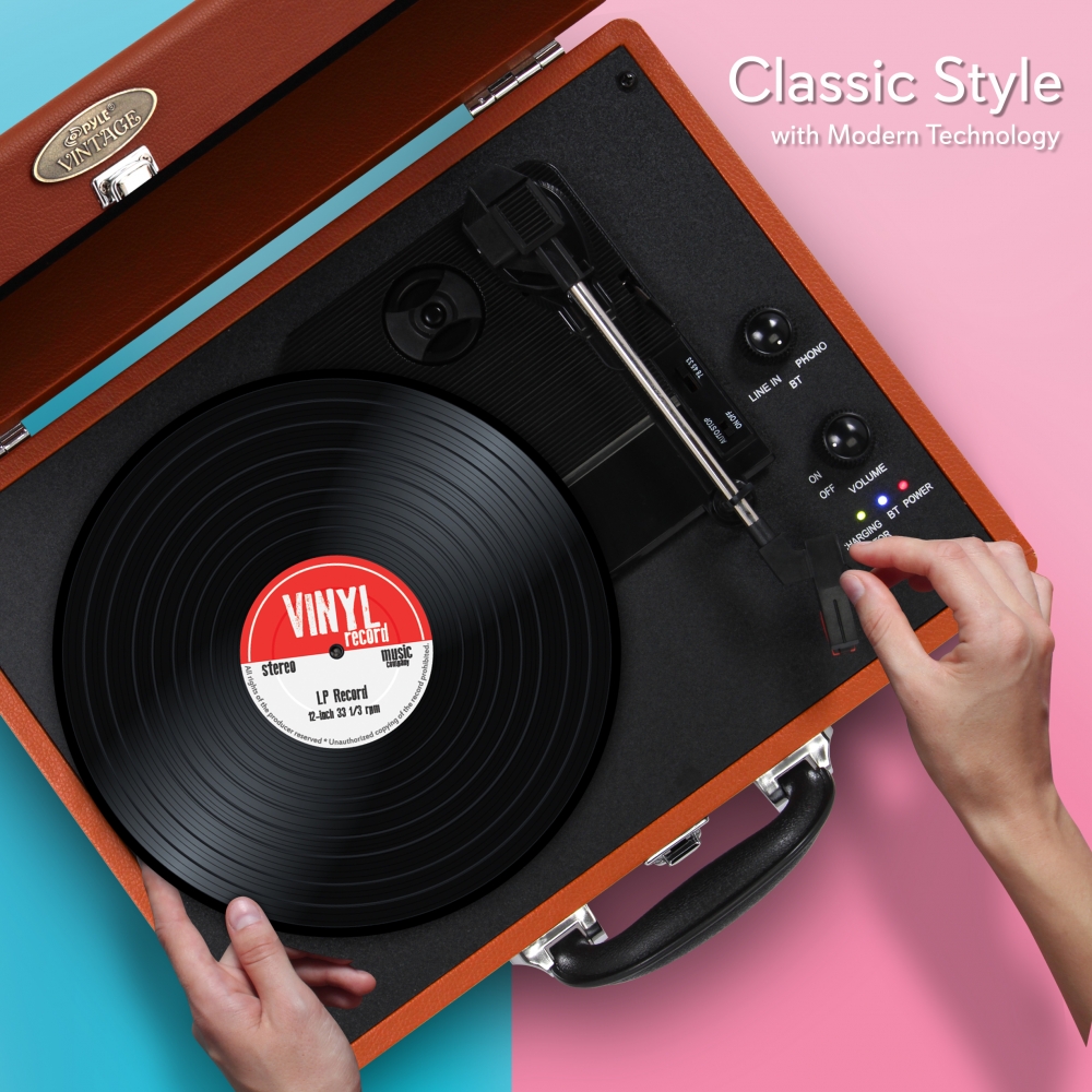 PYLE PVTTBT6BR - Portable Vintage Classic-Style Bluetooth Turntable System with Vinyl-to-MP3 Recording, Built-in Speakers & Rechargeable Battery - image 4 of 4