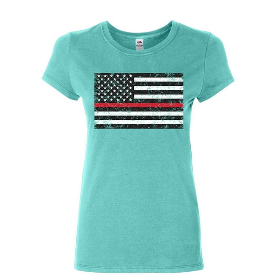 Tee Hunt American Flag Thin Line Women's T-Shirt Firefighter First Responder Shirt, Light Blue, Small
