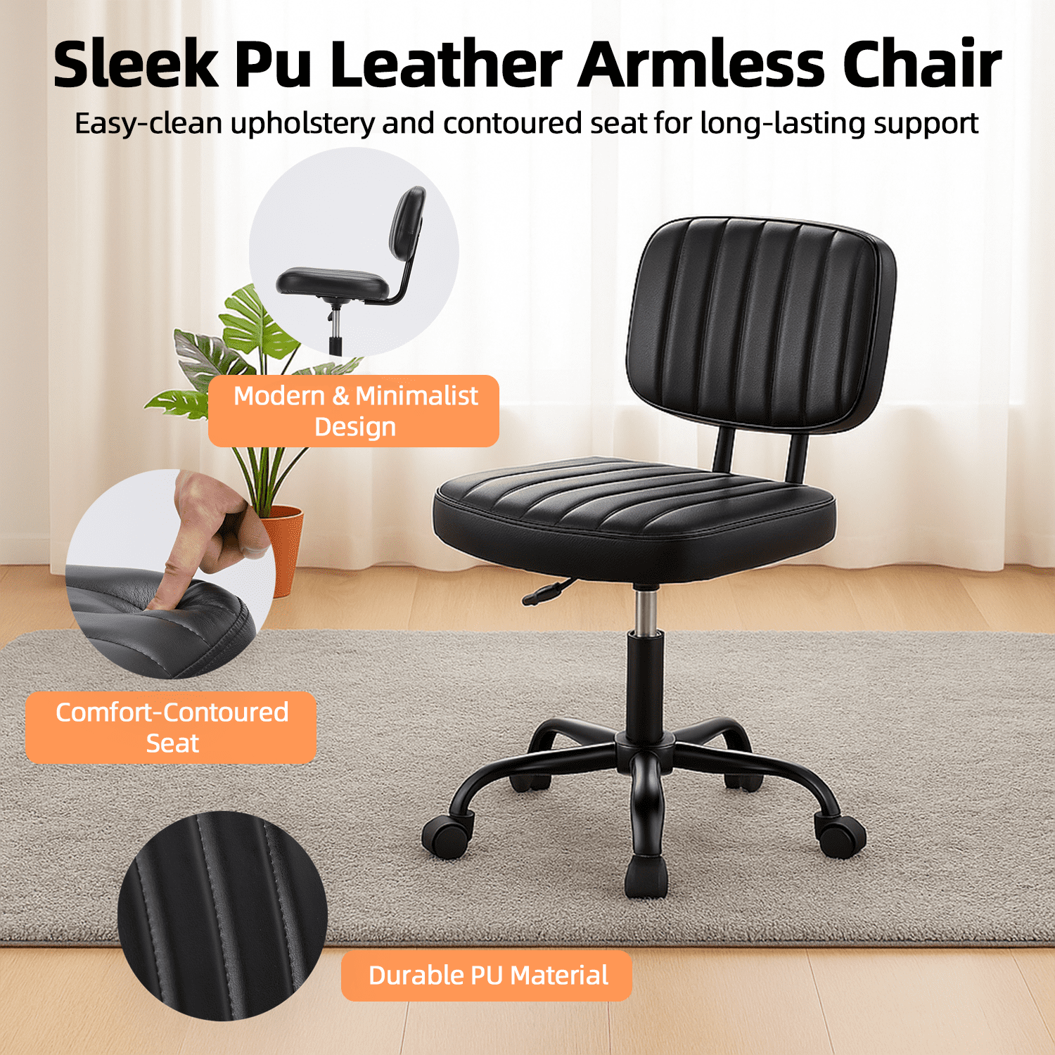 LIFERECORD PU Leather Armless Home Office Desk Chair, Small Ergonomic Task Chair for Adults and Students, Low Back Seating with Swivel, Adjustable Height, Rolling Wheels, Black