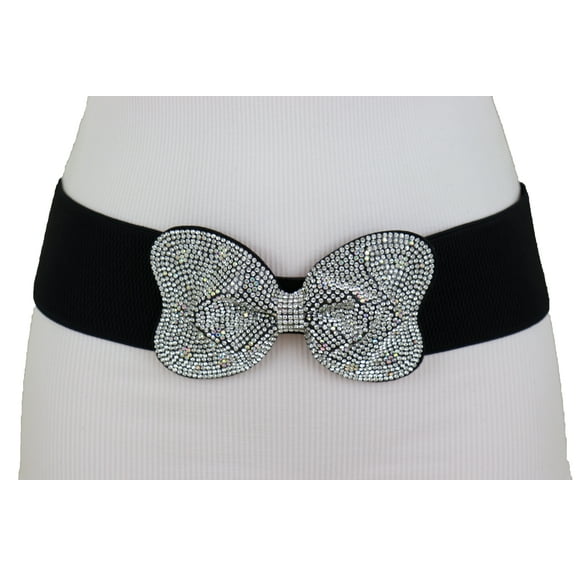 Women Evening Fashion Belt Black Elastic Bow Tie Bling Buckle S M L