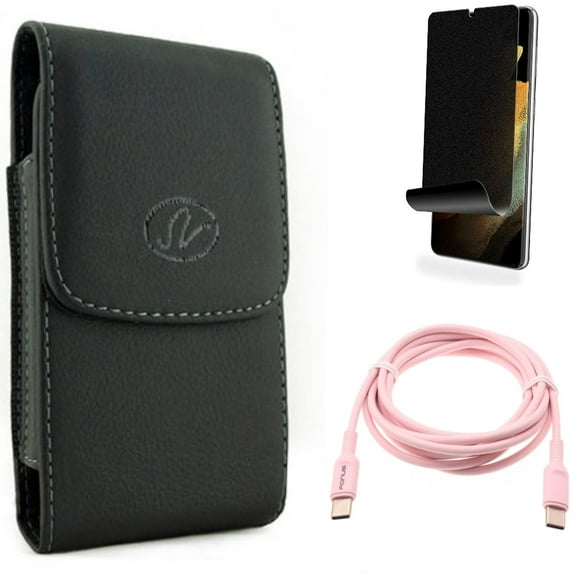 Case Belt Clip & Pink 6ft Long Cable & Privacy Screen Protector for Samsung Galaxy S22 Plus (S22 ) - Combo Leather Holster Cover & USB-C to Type-C PD Fast Charger Cord & TPU Film (Fingerprint)