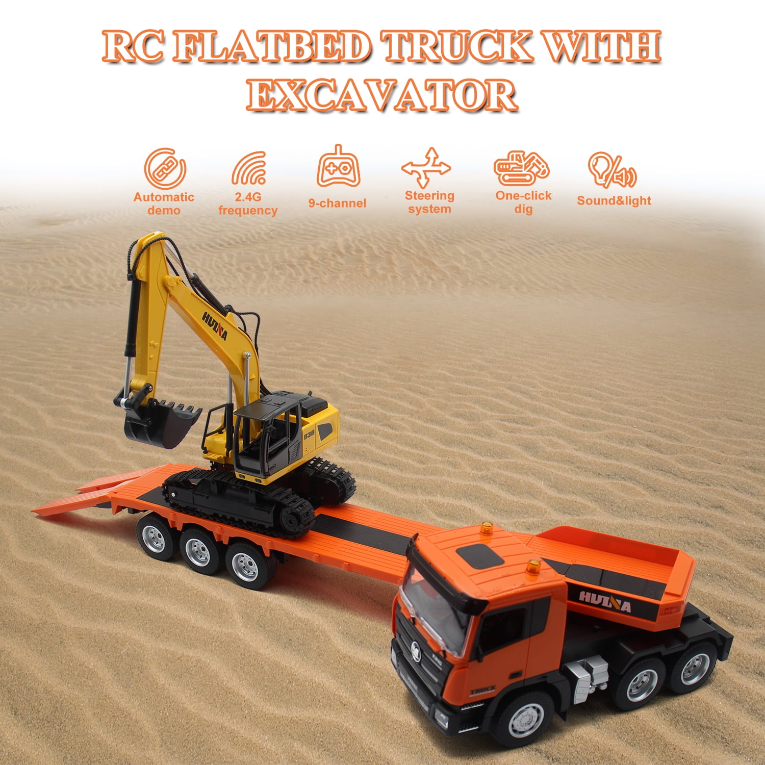 2 in 1 Remote Control Excavator with Flatbed Truck Toys, 1:24 RC Semi-Trailer Engineering Tractor with Sound and Lights, Construction Vehicles Toy for Boys