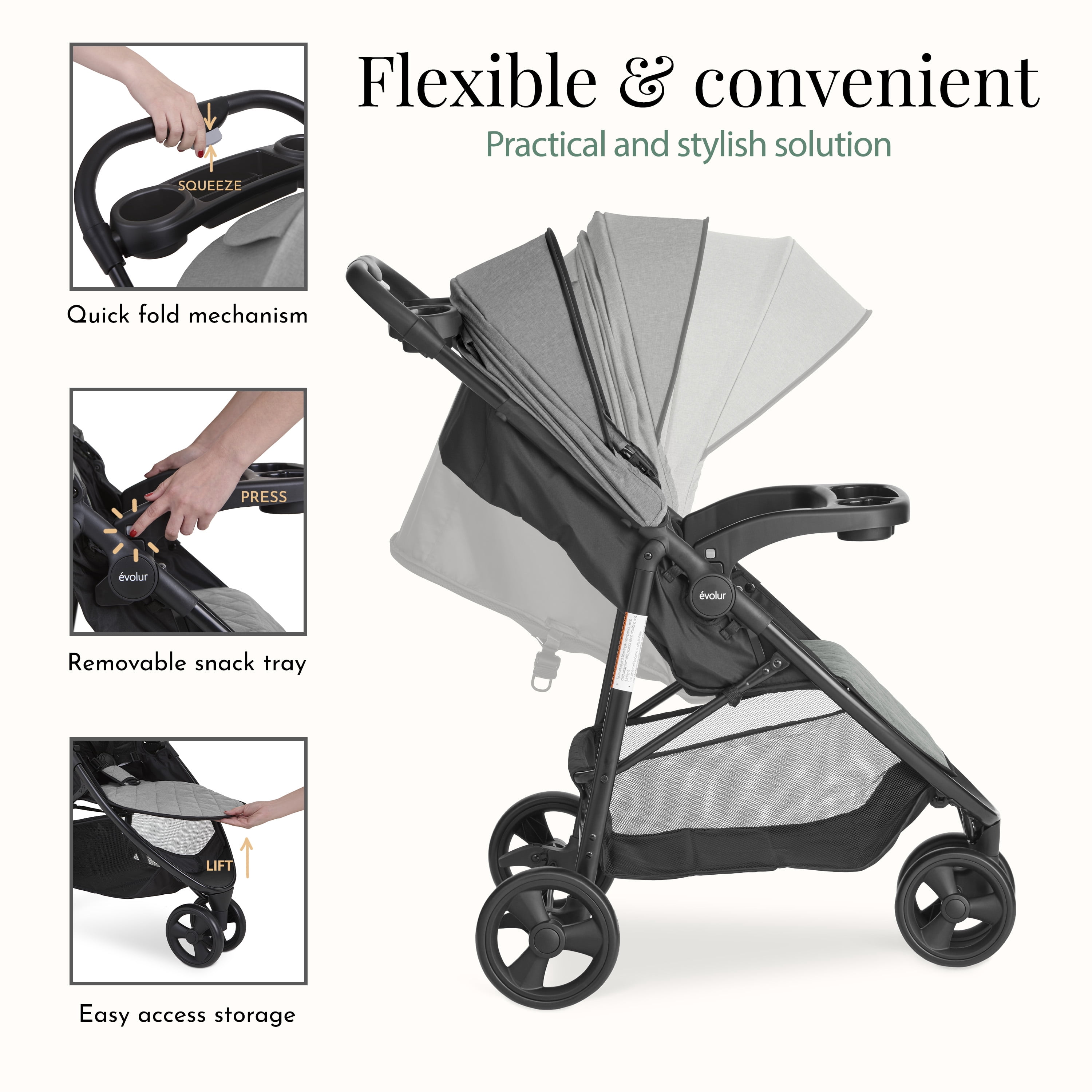 Evolur Breeze Lightweight Stroller Adjustable Backrest/Canopy, Storage Basket, Gray
