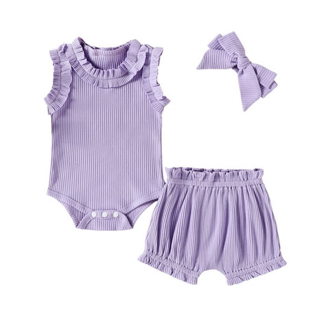 

EHTMSAK Infant Baby Toddler Girl Short Sleeve Summer Outfits Ruffle Bodysuit and Shorts Set Clothing Set with Headband Purple 3M-18M 90/6-9M
