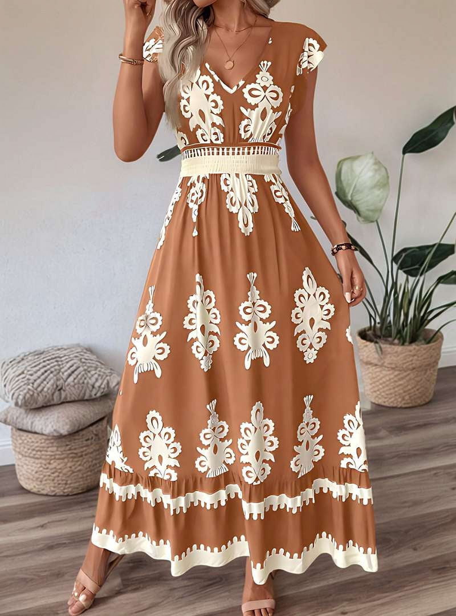 Summer Dresses for Women 2025 Casual Ruffle Sleeves Dress Sundresses Boho Beach Dresses Camel L