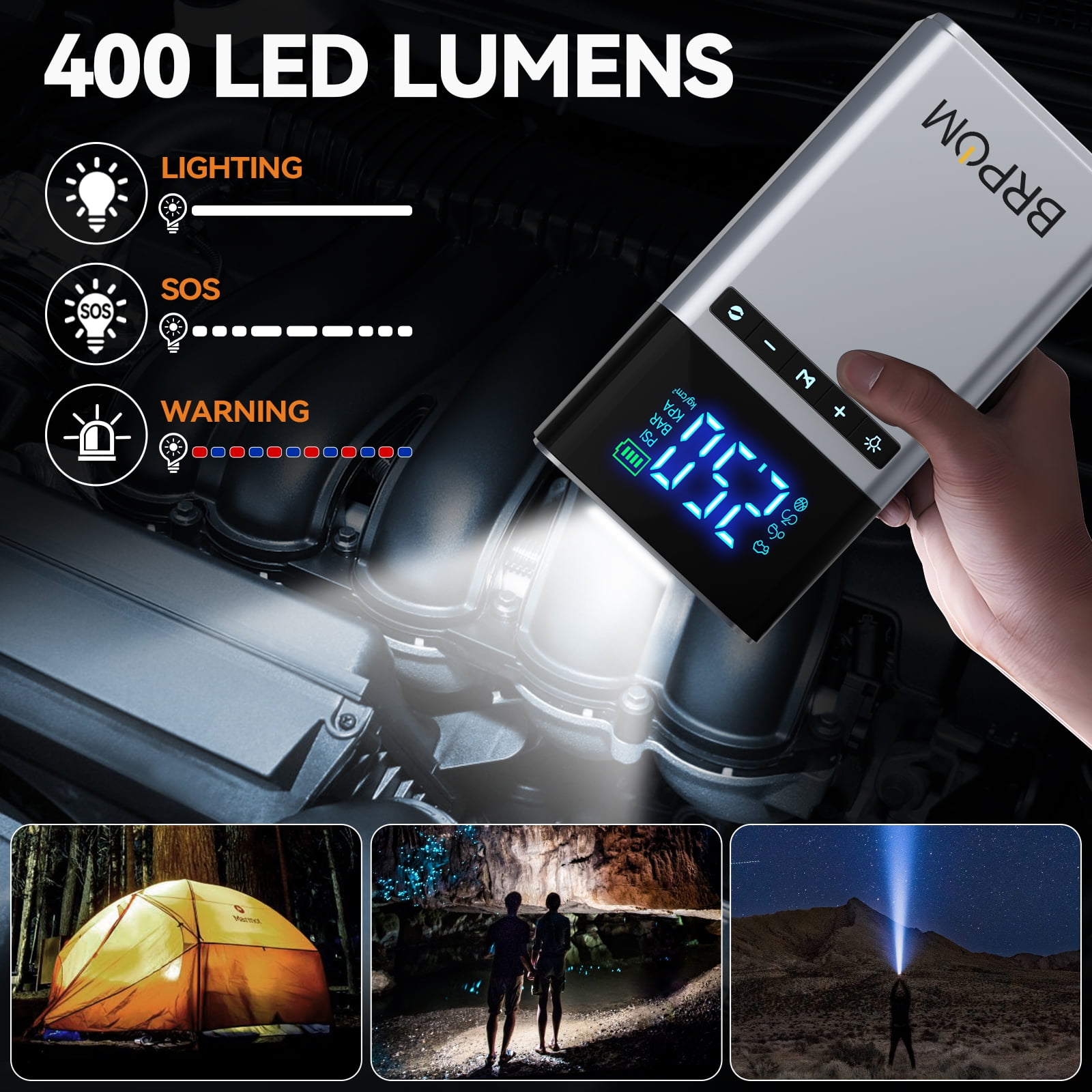 BRPOM Portable Car Jump Starter with Air Compressor, 12V Battery pack for Gas/Diesel Engines, 7500A High Power, Digital Display, LED Lights, USB Type-C Charging, Rechargeable Lithium Polymer Battery