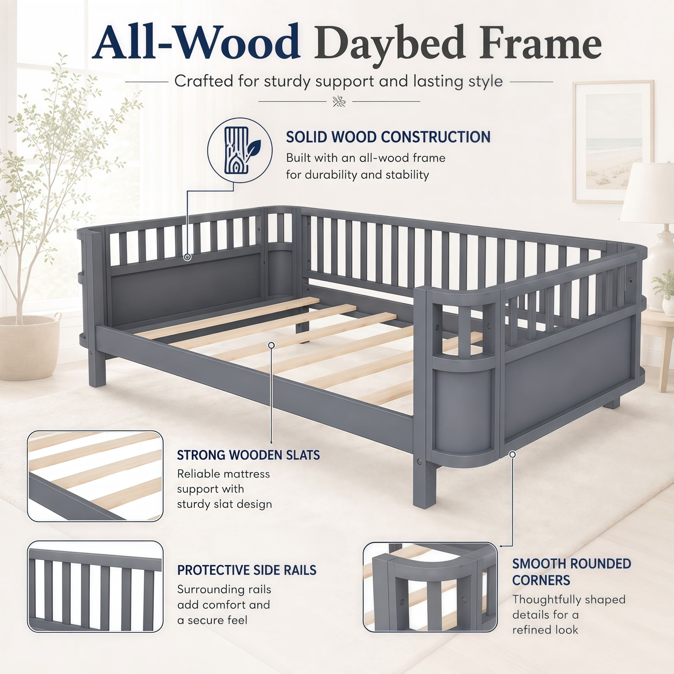 GDF Studio Darpel Full Size Wooden Montessori Bed Frame with Guard Rails, Pine Wood Low-Profile Floor Kids Bed, Gray