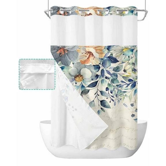 No Hook Shower Curtain with Snap in Liner, Blue Watercolor Eucalyptus Leaves Flower Linen Pattern Hotel Shower Curtains for Bathroom, Washable Shower Curtain Liner Set with Mesh Top Window, 36"x72"