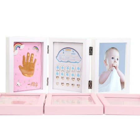 Clay Keepsake - Baby Handprint Footprint Photo Frame Teeth Lanugo Keepsake Box Triple Foldable Wooden Picture Frame With Clay Personalized Baby Shower Registry Gifts White