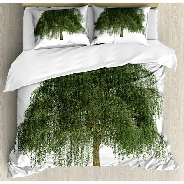 Willow Tree Duvet Cover Set King Size, Weeping Branches with Joyous Leaves Botanical Theme, 3 Piece Bedding Set with 2 Pillow Shams, Dark Green Olive Green and Green Brown, by Ambesonne