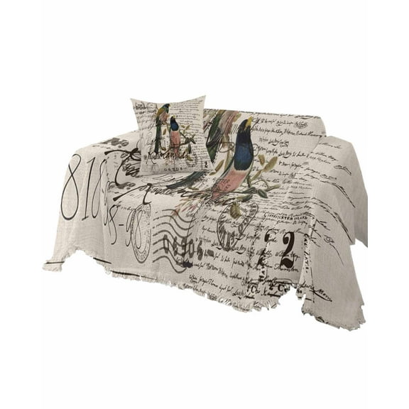 Old Newspaper Birds Sofa Couch Covers for Dog,Washable Sectional Couch Slipcoverfor Loveseat with Tassels,English Newsprint Antique Beige Non Slip Sofa Throw Cover Blanket Large 71''x102''