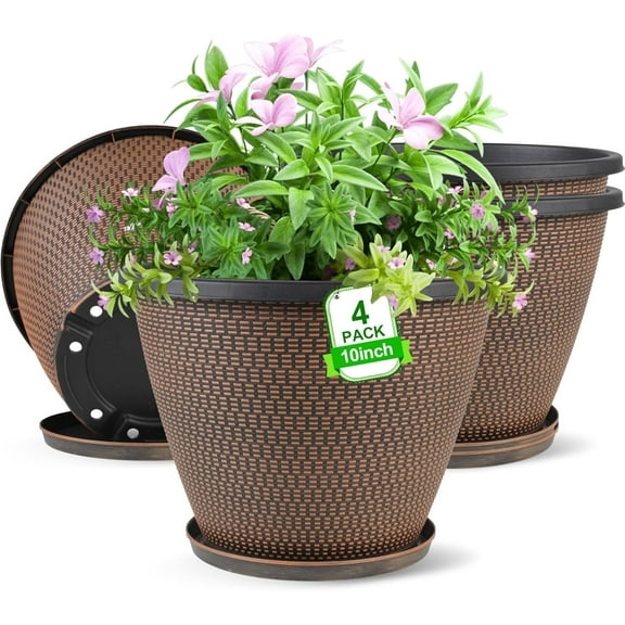 4 Pack 10 inch Plant Pot for Outdoor Indoor, Plastic Flower Pots with Drainage Holes & Saucers, Lightweight Large Planter Pot, Imitation Knit Garden House Planters (Black Copper)