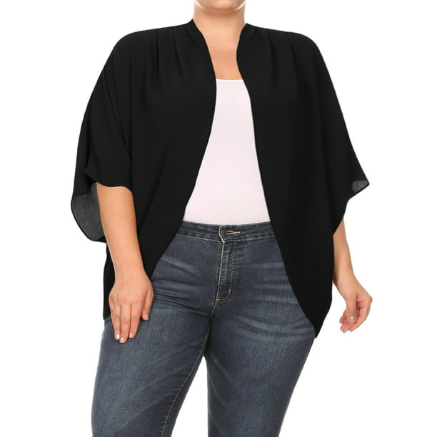 Women's Plus Size Loose Fit 3/4 Sleeves Kimono Style Open Front Solid ...