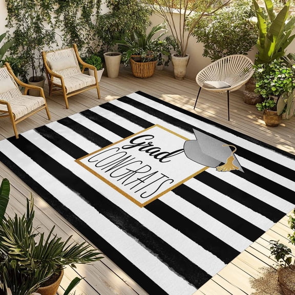 Fsddascl Graduation Trencher Cap Outdoor Rug for Patio/Deck, Non-Slip Large Area Rug 5 x 8 Ft, Farmhouse White Black Horizontal Stripes Indoor Outdoor Rugs Washable Area Rugs, Camping Rug Carpet