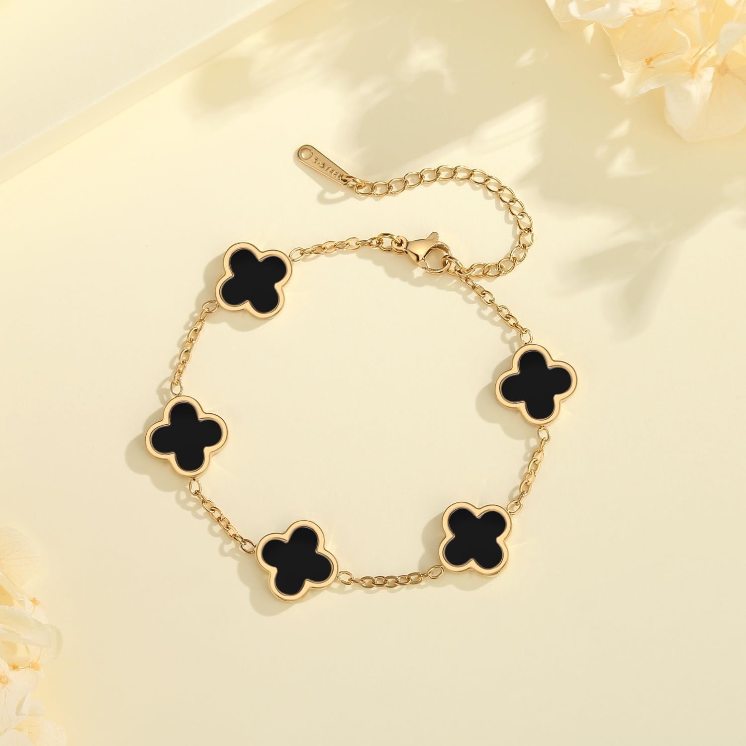 18K Gold Plated Clover Bracelet Set for Women White/Black/Gold/Silver/Green/Pink Adjustable Link Double-Sided Lucky Bracelets Trendy Bracelets Set Jewelry Gifts for Women Men