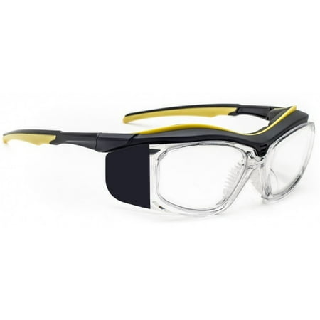 

Radiation Safety Glasses in Black/Yellow Plastic Safety Frame - 55-19-125mm Eye Size - Schott .75Pb Clear Lead Lenses