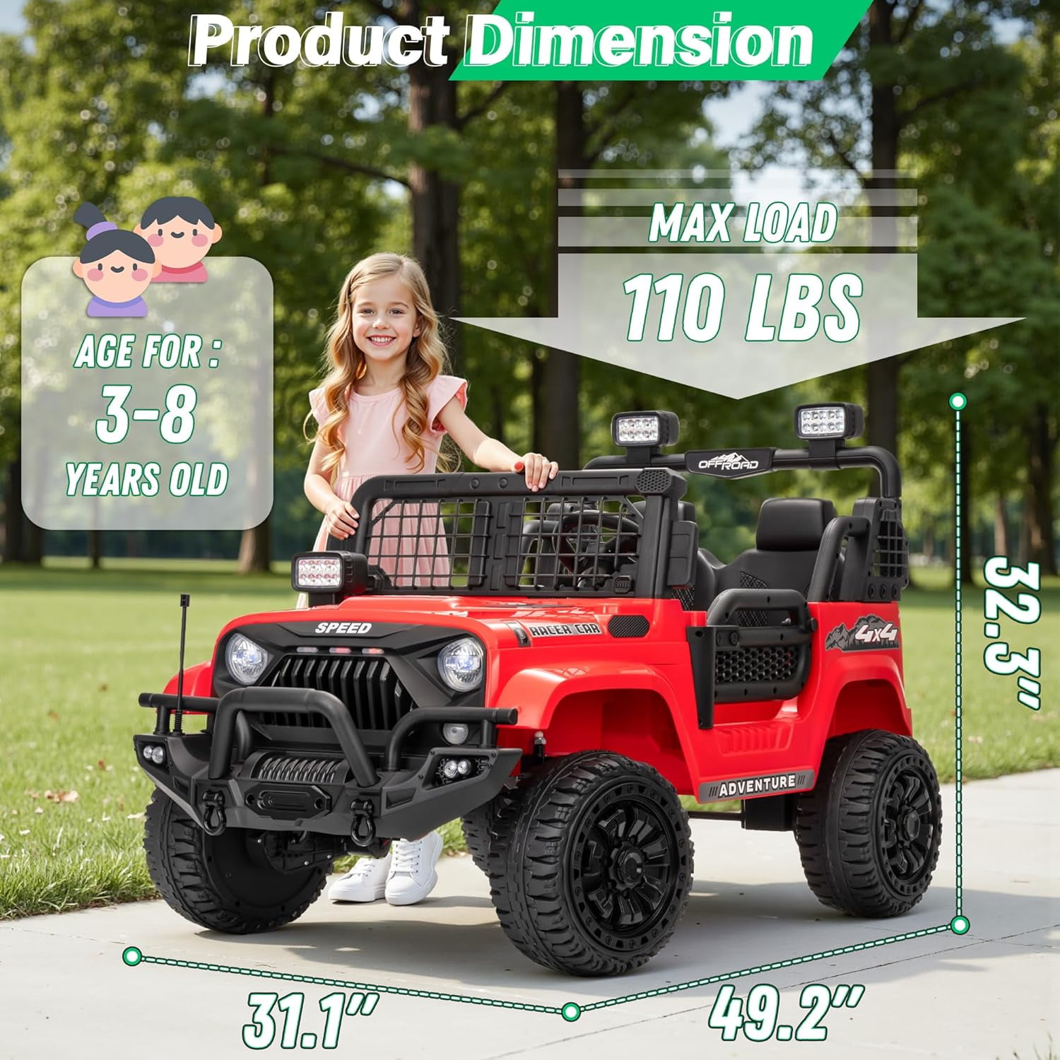 HappyToysWorld Electric Ride on Truck 24V with Parent Remote Control, 2-Seater, Bluetooth Enabled