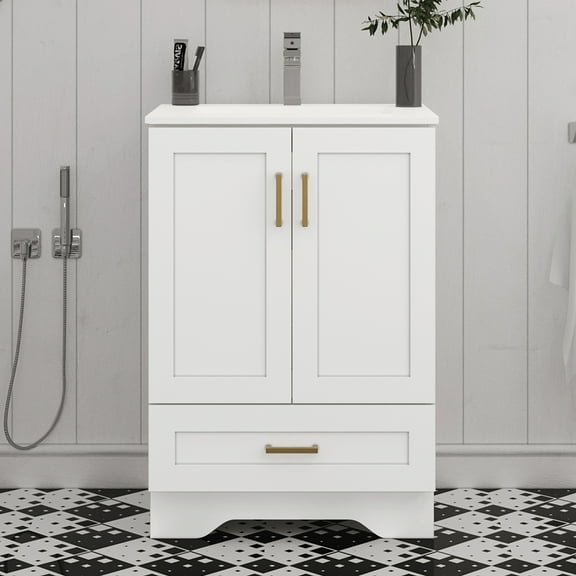 KZElegy 24" Bathroom Vanity with Ceramic Sink Freestanding Bathroom Vanity Cabinet with 2-Door & 1-Drawer,Metal Handle,White