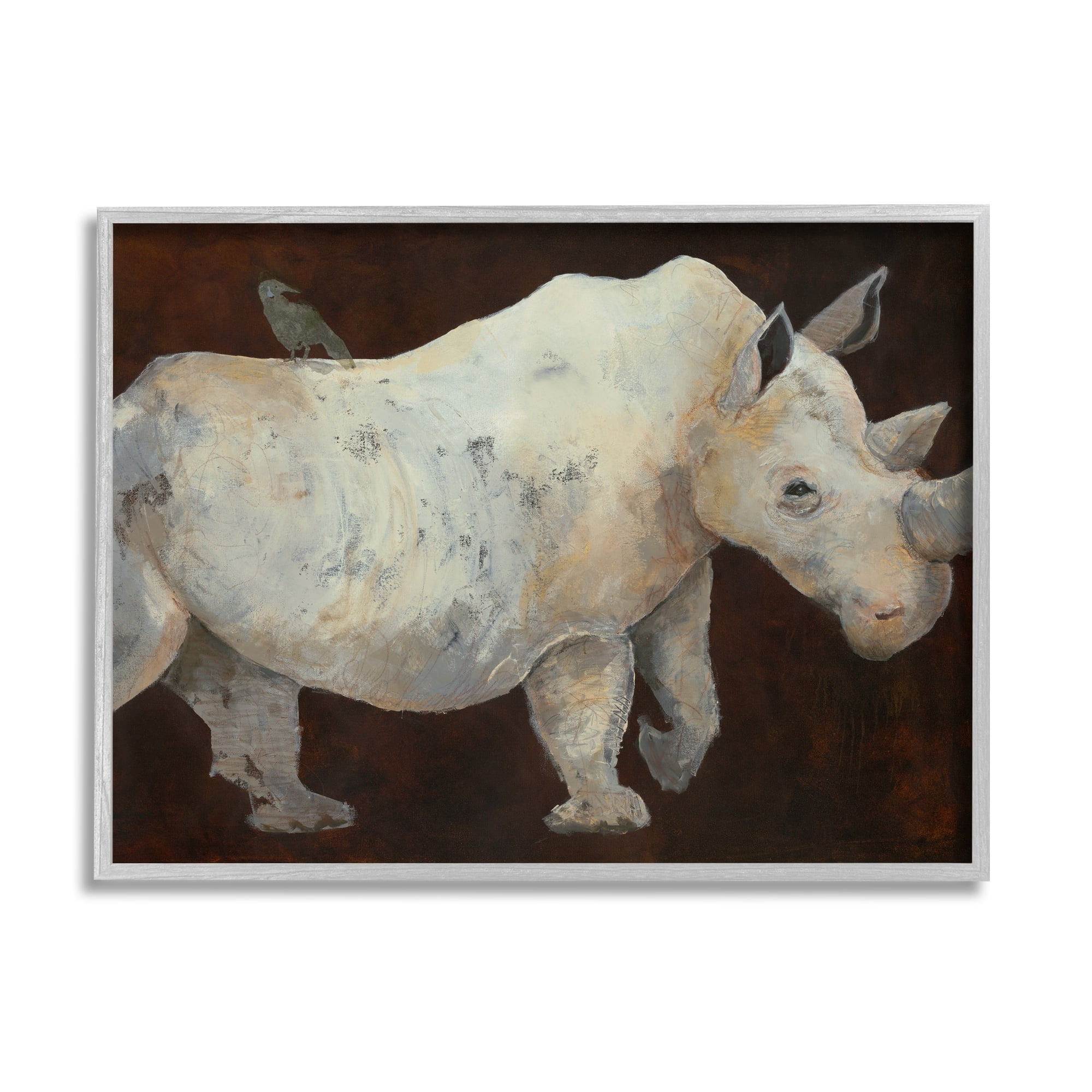 Bird Perched on Rhino Contemporary Portrait Painting Animals & Insects Painting Framed Art Print Wall Art