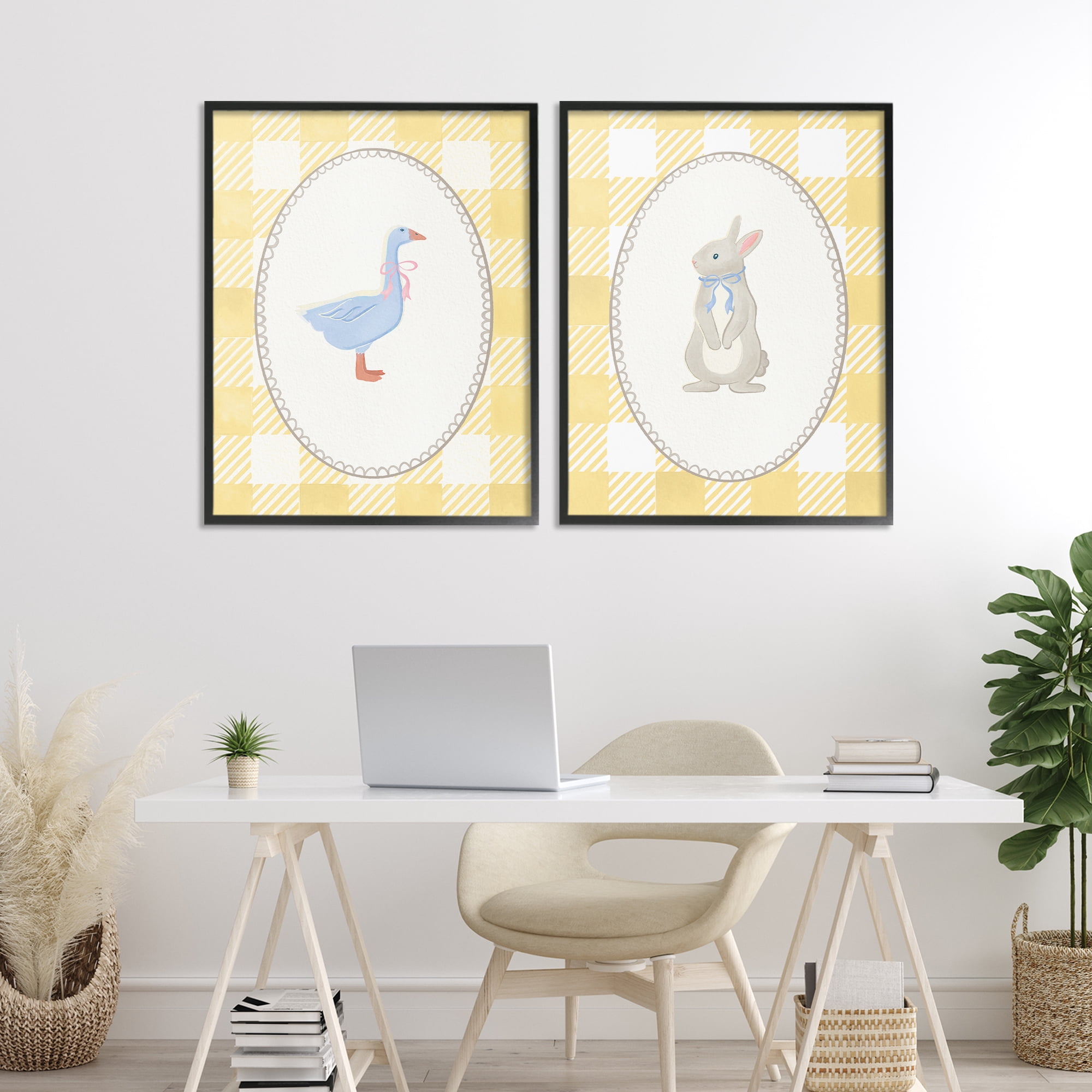 Stupell Industries Goose & Bunny Yellow Gingham 2 Piece Black Framed Giclee Art Set, design by The Paper Curator
