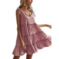 thumbnail image 4 of Txlixc, vestido informal de verano para mujer, vestido acampanado de Color sólido sin mangas con cuello en V y volantes, vestido plisado para fiesta en la playa, ropa de calle Txlixc  Estilo de ocio, 4 of 8