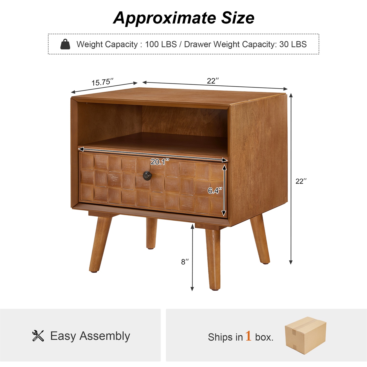 Hommoo 22" Mid-Century Modern Wooden Nightstand with Geometric Carved Drawer Front, Open Shelf & Spacious Drawer, Compact Bedside Table for Bedrooms, Apartments & Dorms, Golden Oak