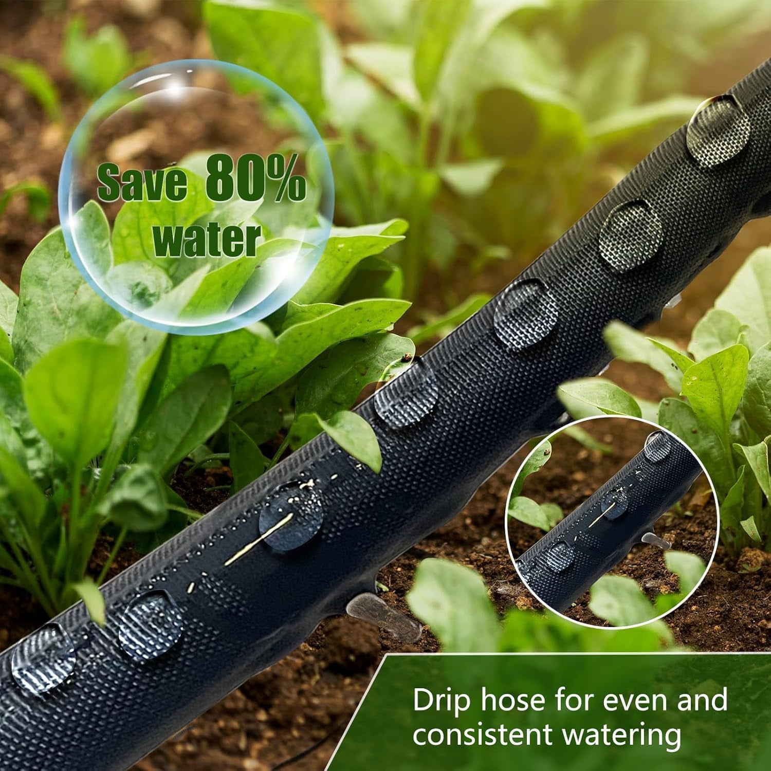 Flat Soaker Hose 100ft, Heavy Duty Double Layer Drip Irrigation Hose, Leak Proof Garden Watering System, Saves 80% Water
