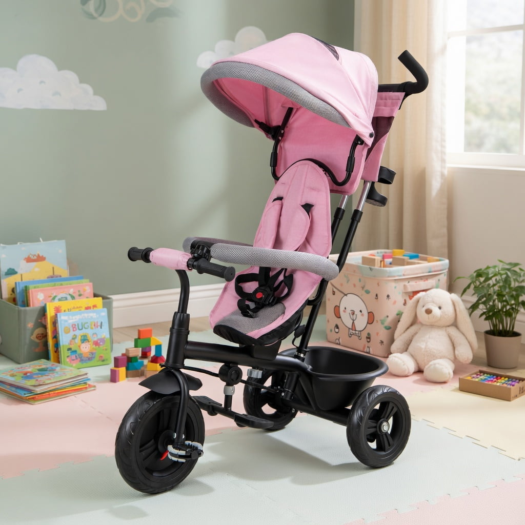 Topcobe 4-in-1 Baby Trike Kids Tricycle with Removable Canopy and Adjustable Push Handle, Toddler Stroller, Baby Wagon-Pink