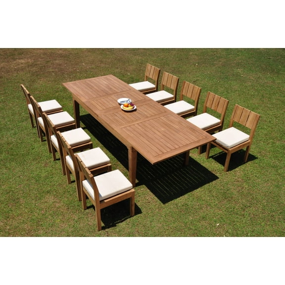Grade-A Teak Dining Set: 10 Seater 11 Pc: 122" Caranas Double Extension Rectangle Table And 10 Veranda Armless Chairs Outdoor WholesaleTeak #WMVR22