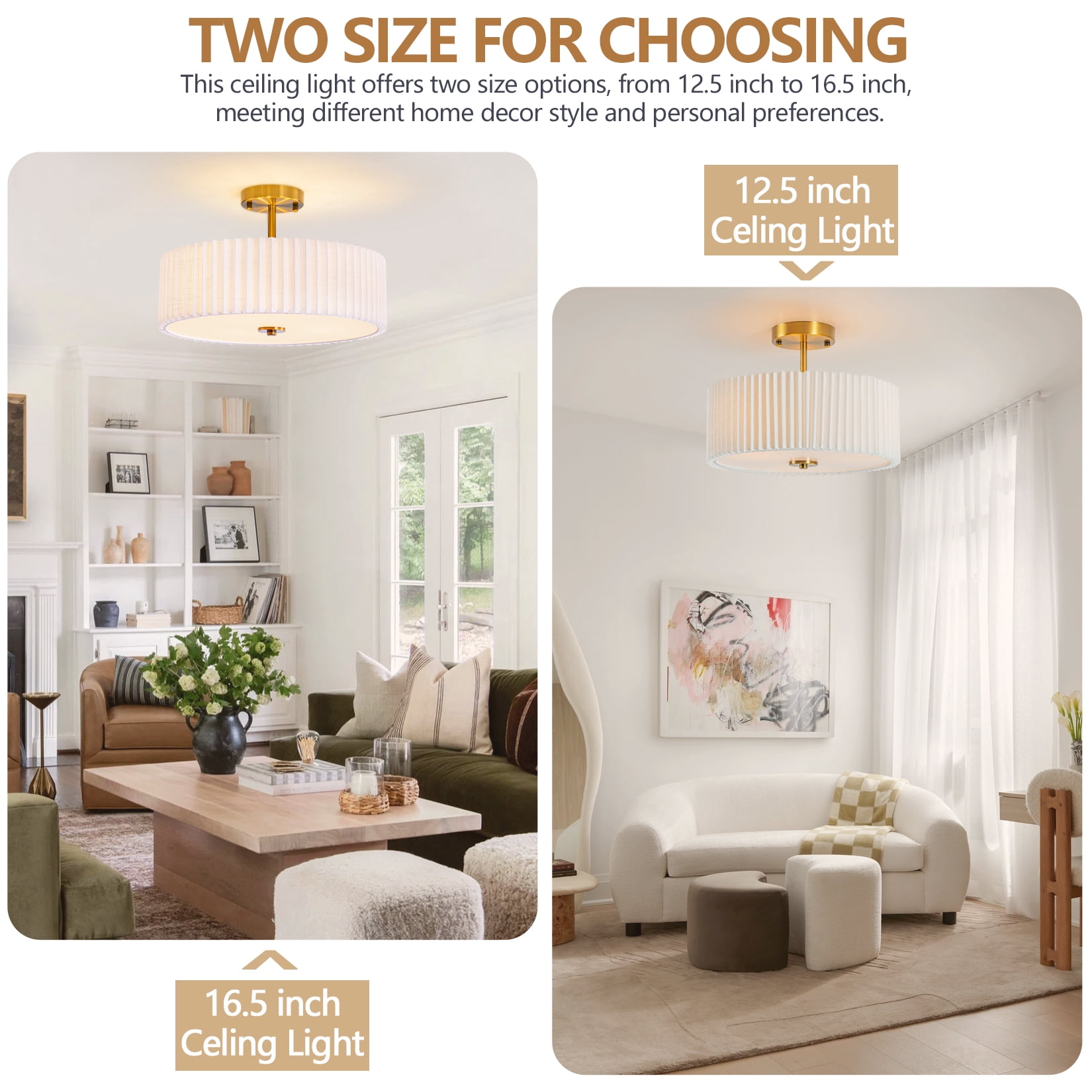 BESTOMINE 16.5 Inch Semi Flush Mount Ceiling Light Fixture,Gold Finish with Pleated Fabric Shade,3-Light Flush Mount Ceiling Light,Modern Light Fixtures Ceiling Mount for Bedroom,Hallway,Nursery Room