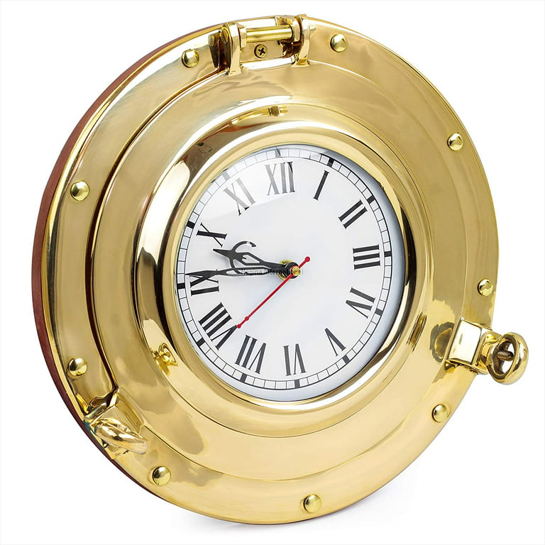 Solid Brass Porthole Clock On MDF Wooden Base - (10 Inches