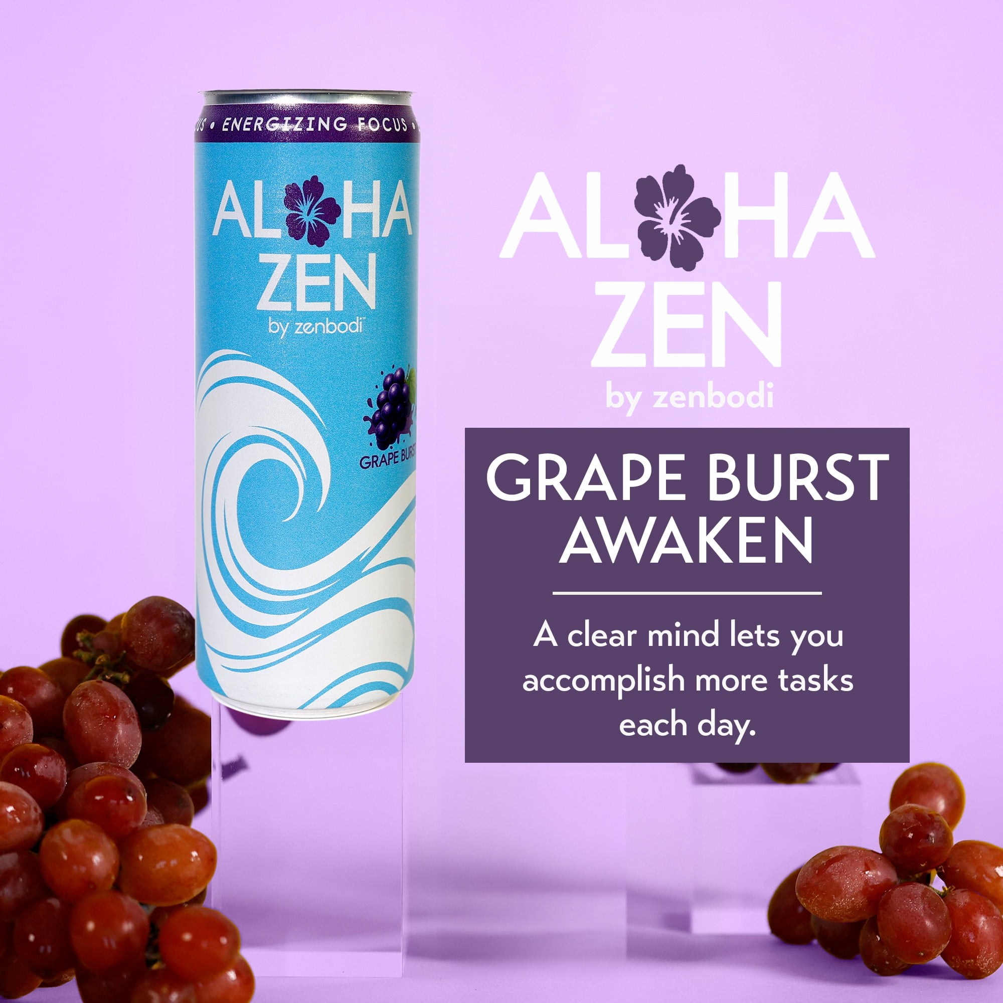 Zenbodi Aloha Zen Grape Burst - AWAKEN Functional Beverage - 12 oz (Pack of 12), No-Jitter Energy Drink, Contains L-Alpha GPC, Caffeine, and L-Theanine