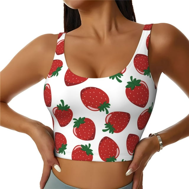Fotbe Hand Drawn Strawberry Pattern Womens' Sports Bra Longline Wirefree Padded with Medium Support Sports Moisture-Wicking Workou Vest,Tank Top-X-Large