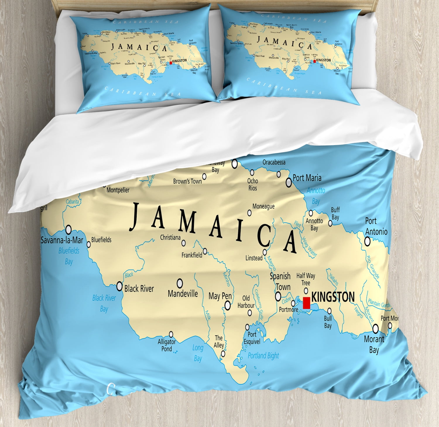 Jamaican Duvet Cover Set Queen Size, Map of Jamaica Kingston Caribbean