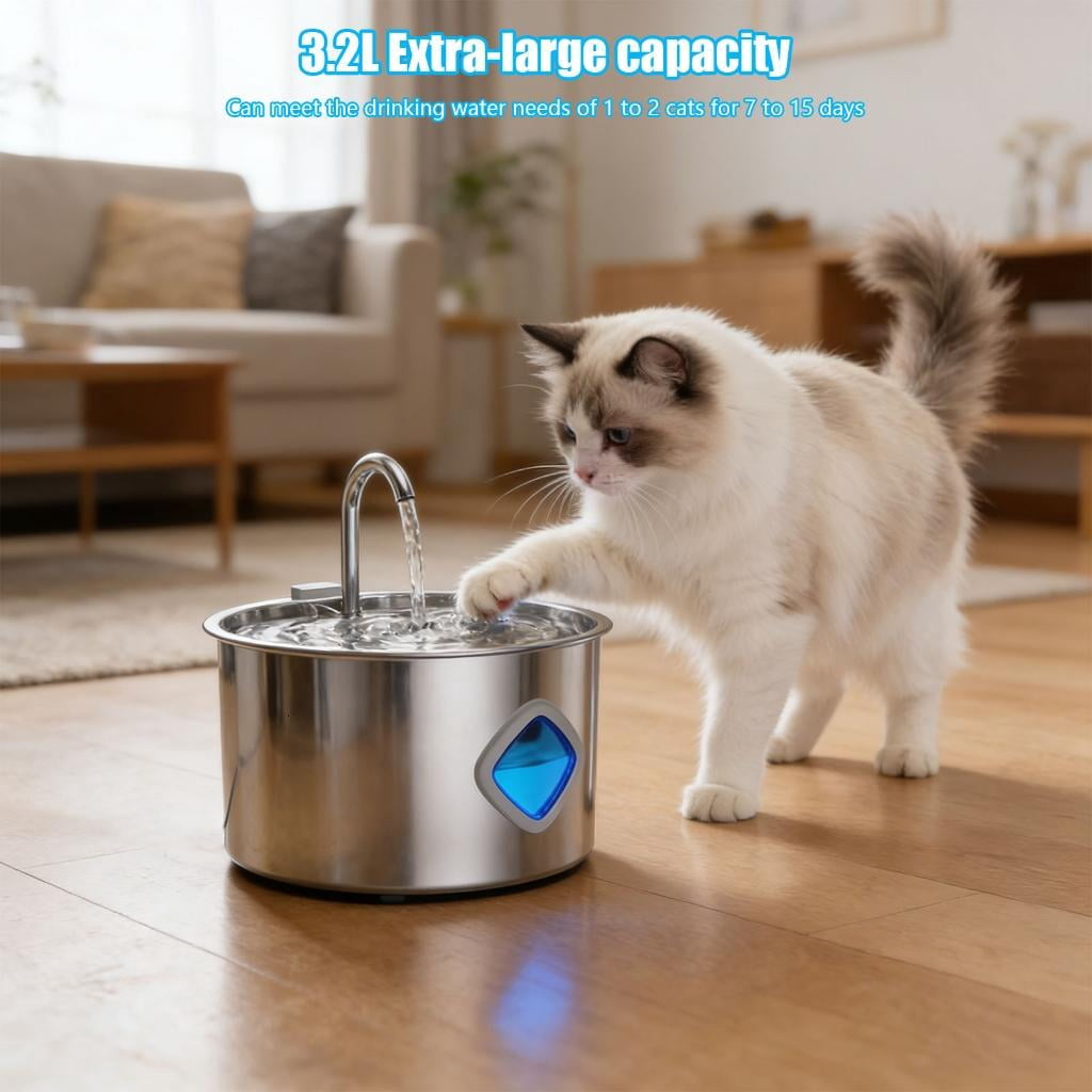 Giaone Automatic Water Dispenser 3.2L Stainless Steel with 2 USB Powered Low Noise for Pets hydrations Station