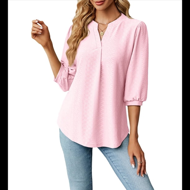 Blusas Informales de Verano para Mujer, con Cuello en V, Corta, Encaje Calado y Bonitas Blusas de Negocios Rosa XL