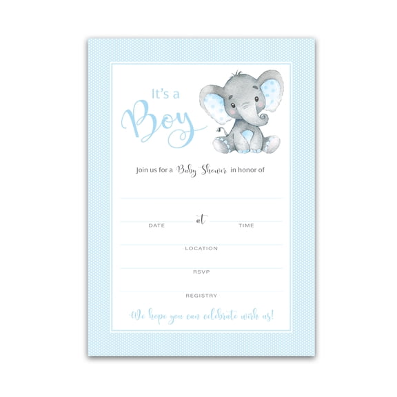 IT’S A BOY! — Boy Elephant BABY SHOWER INVITATIONS— Pack of 25 — BLUE Peanut Baby Shower Blank Fill-in INVITES, Chic, Unique, BLUE Baby BOY Sprinkle Invites, DIY Invites Polka Dot I501-INV1