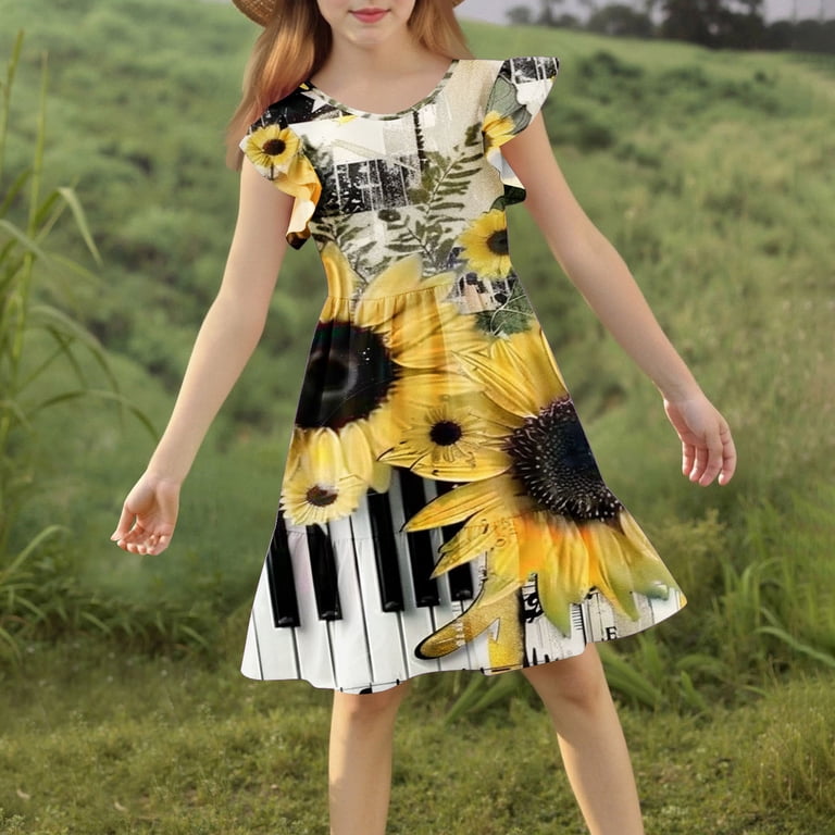 sunflower casual dress SHEIN Sunflower Allover Print Sleeveless Dress With Wide Straps And Ruffle Trim For Tween Girls, Casual Vacation Style