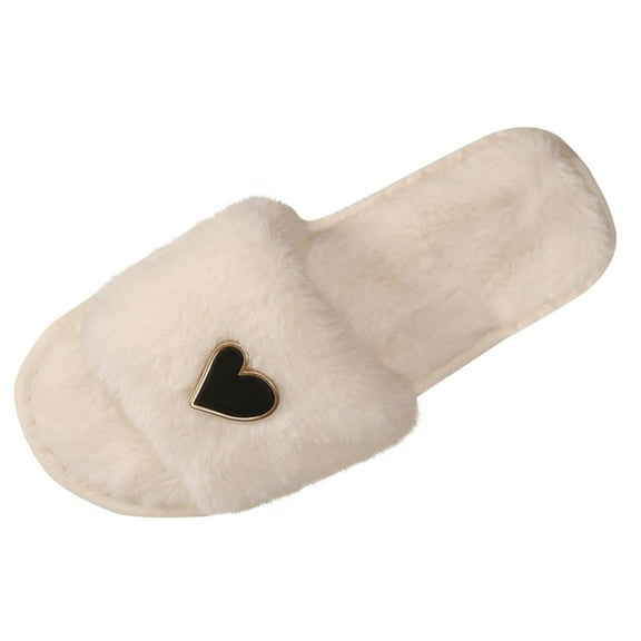 RUIYANQI Women's Heart Accent Fuzzy Slippers Open Toe Cozy House Slides Soft Plush Indoor Footwear Trendy Winter Warm Slip On Shoes White Women Sandal