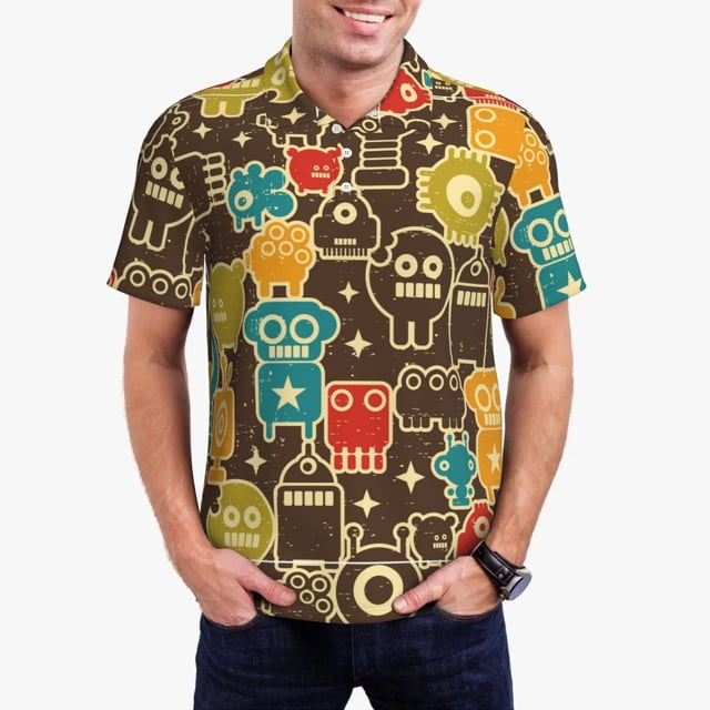 Balery Robot and Monsters Camisa Polo de Hombre con Estampado, de Manga Corta y Tejido Medio, Camisa Tipo Golf Polo-Medium